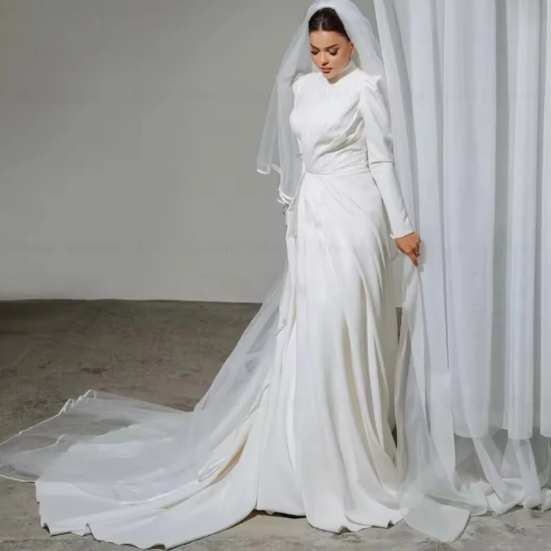 

Fashion Wedding Dresses High Collar Long Sleeve Mermaid Beach Bride Dress with Full Ruffle Draped Pleat Bridal Gwon Customized