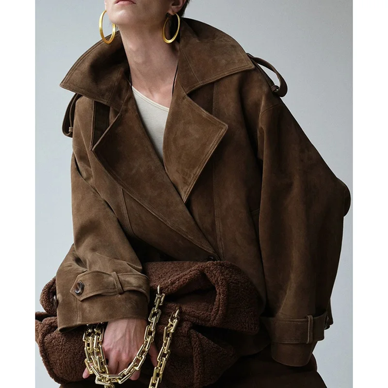 Real Cow Suede Leather Jacket Fall Winter Women Korean Style Maillard Brown Double Breasted Belted Cuffs Workwear Oversized Coat