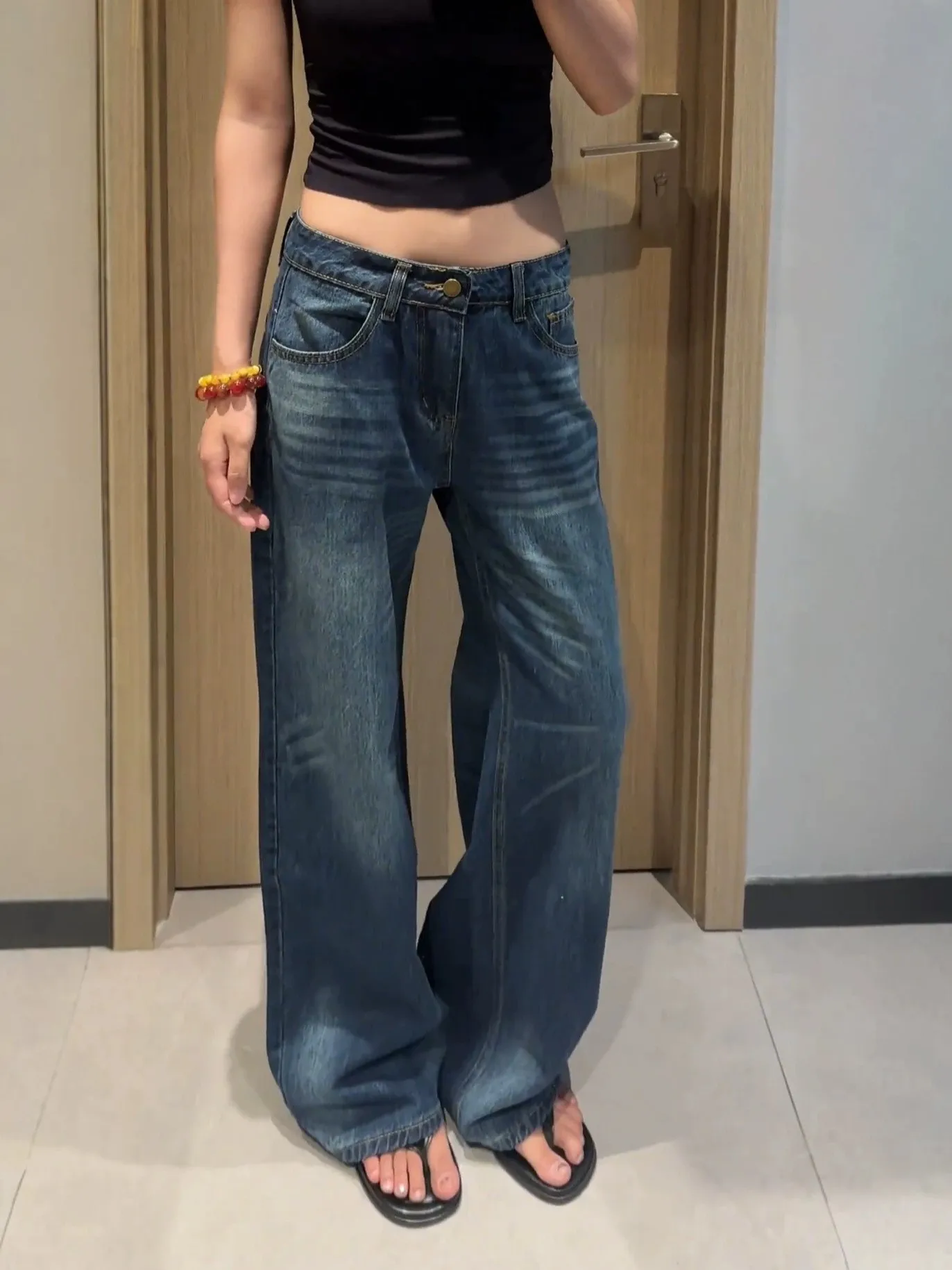 plus Size American Style Deep Blue Vintage Low Waist Straight Leg Jeans Women's Loose Slimming Casual Versatile Wide Leg Pants