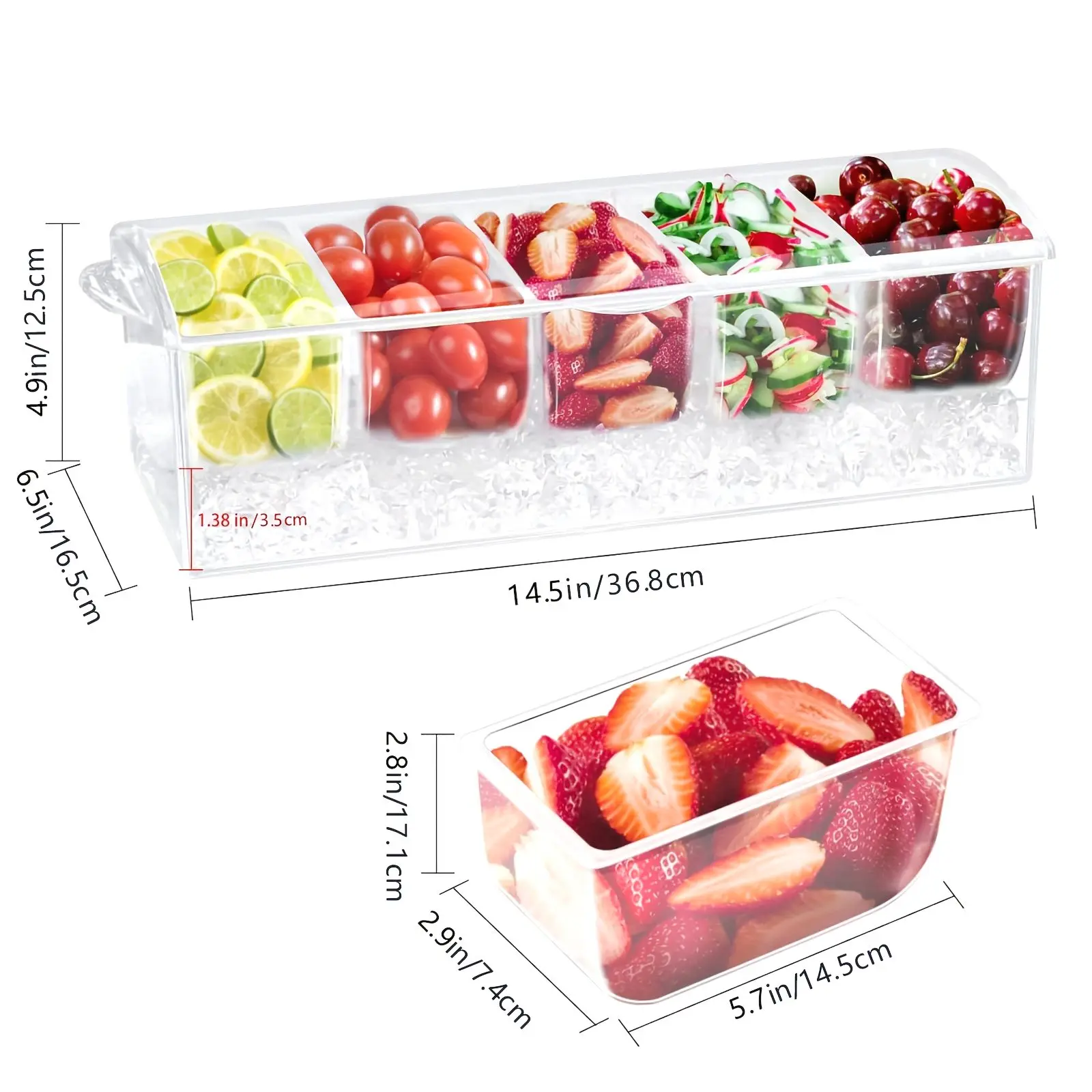 

Bar Serving Tray Set with Ice Compartment, 5-Segment Food Organizer, Fruit & Garnish Platter with Clear Lid, Includes 3 Stainless Steel Tongs, 5 Food-Grade Plastic Spoons, Elegant Gift Box, Bonus Pen and 2 Decorative Stickers — All-in-One Party Serving Ki