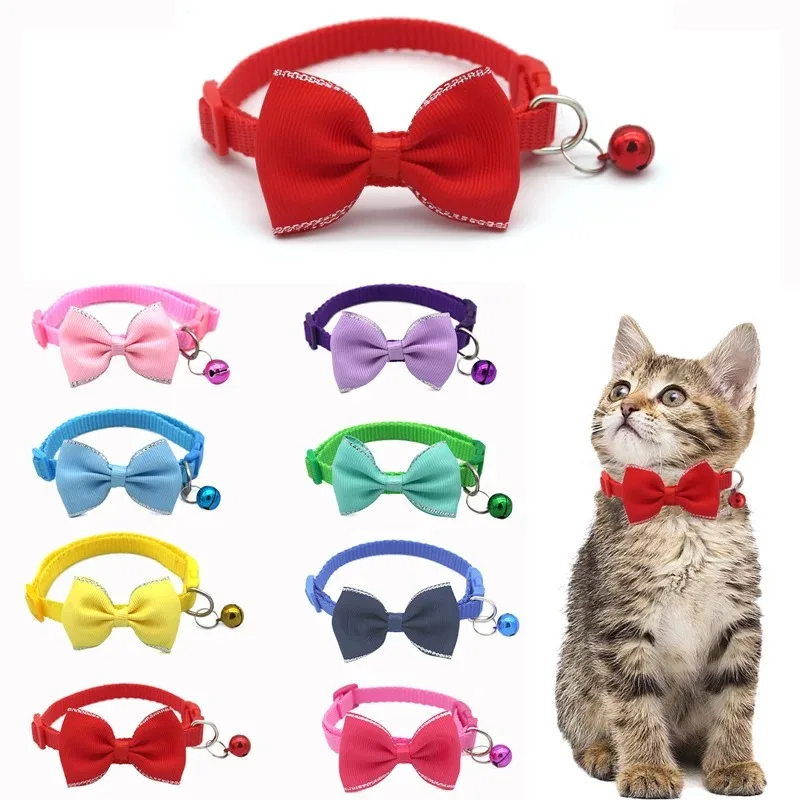 Cat Collar Solid Color Bowknot Puppy Chihuahua Collars with Bell Adjustable Safety Buckle Cats Bow Tie Pets Accessories