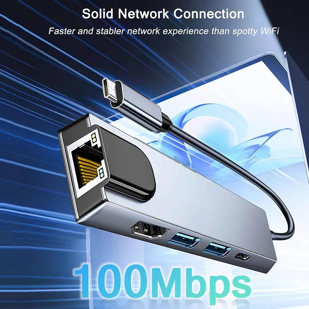 KEBIDUMEI 5 in 1 USB C HUB to 4K30Hz HDMI RJ45 PD100W USB3.0 5Gbps Splitter for PC MacBook Laptop Accessories Docking Station