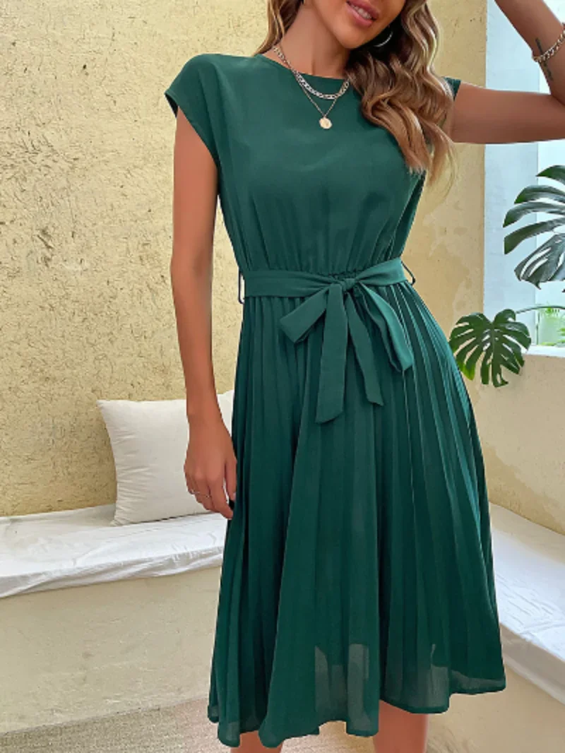 

Elegant Women Summer Casual Beach Sundress Short Sleeve Pleated Midi Dress Soild Colour O Neck Tunic Dresses Fashion