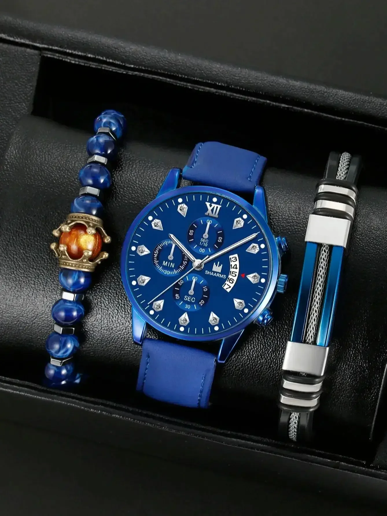 مجموعة ساعات كوارتز جلدية فاخرة للرجال ، ساعات معصم رياضية ، تقويم ، عمل ، غير رسمية ، موضة ، 3: 1