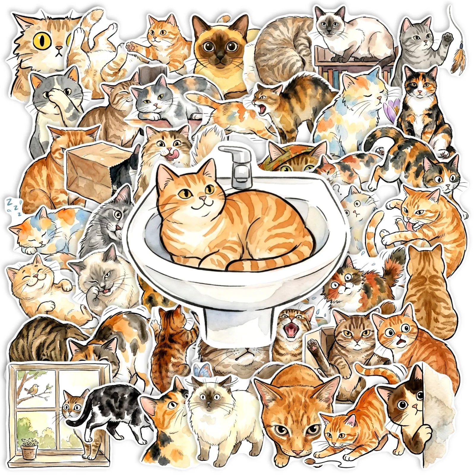 50-Pack Watercolor Cat Quirky Stickers Waterproof Decorative Decals for Notebooks Guitar Tablets Stationery Arts & Crafts