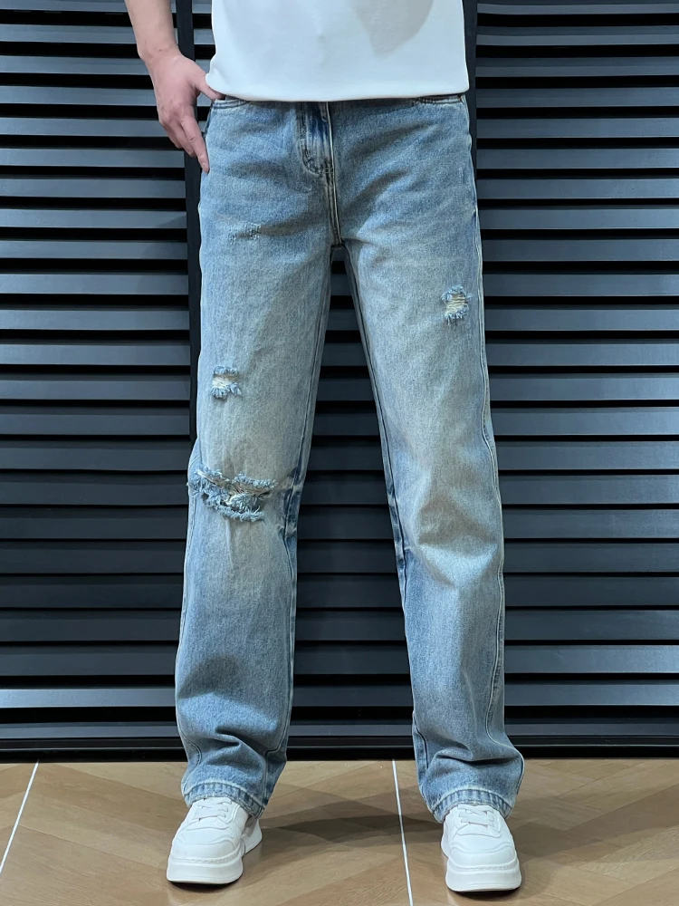 

Retro Washed American Trend Straight Leg Hole Punching Jeans Men's New 2026 Casual Loose Fit Blue Long Pants