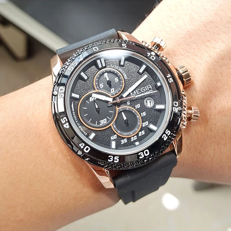 Часы MEGIR Мужские кварцевые, модные роскошные водонепроницаемые светящиеся с силиконовым ремешком и хронографом, с датой