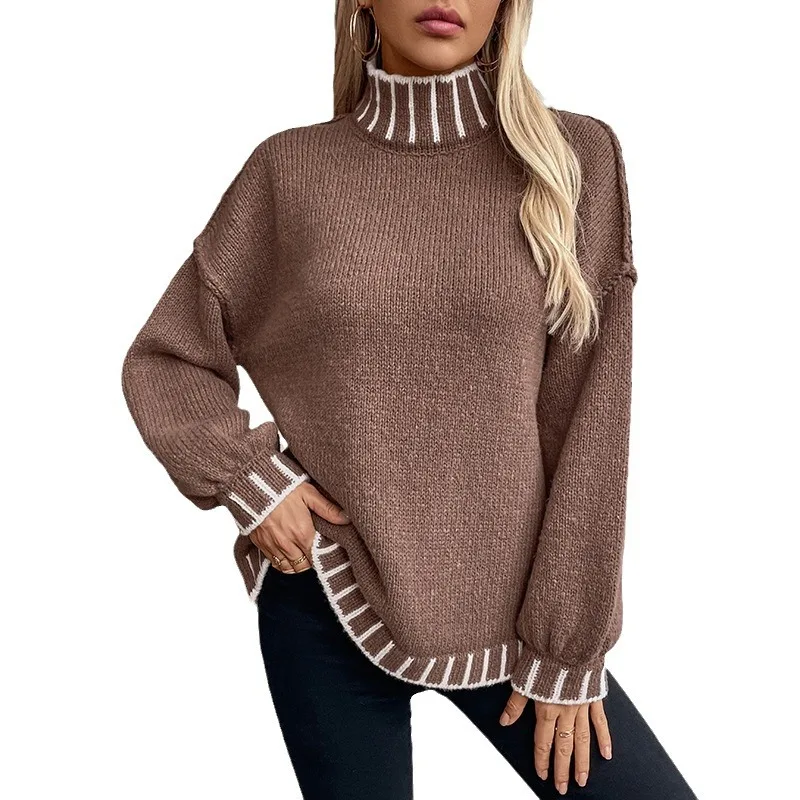 Women's Striped Turtlene Sweater Loose plus Size Knit Top Long Sve Autumn Faion Ladies' Sweater Comfortable Fit Knitwear