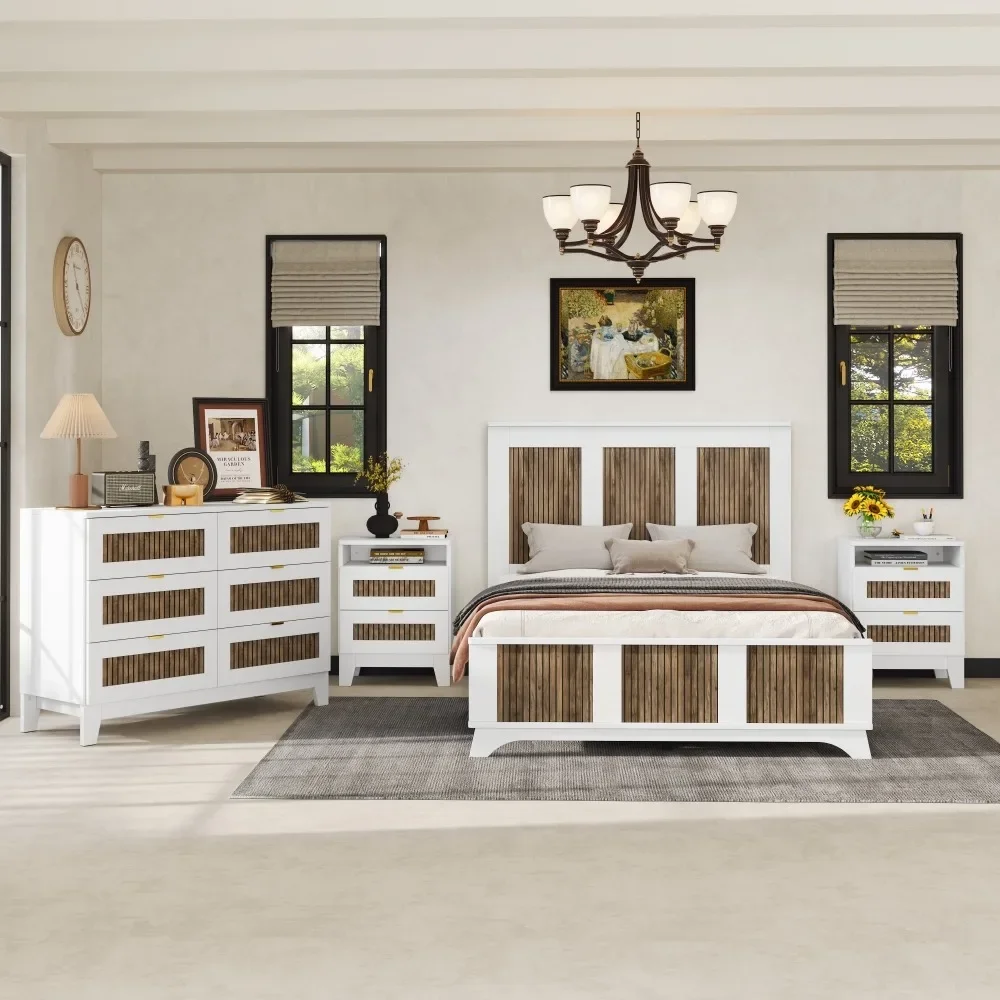 4-piece Set, Full-size Farmhouse Platform Bed with Wooden Strip Decoration, Storage Bedside Table and Dressing Table