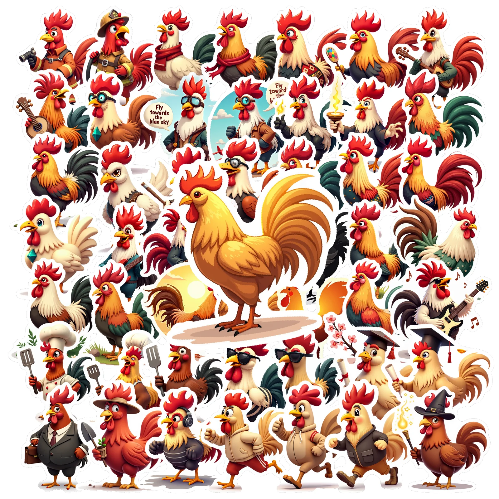 50pcs Pilot Rooster Animal Cartoon Cool Stationery Stickers Waterproof PVC Sticker for Water Bottle Laptop Scrapbook Stickers