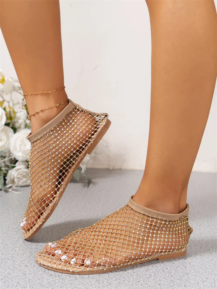 Msfilia Round Toe Sandals With Hollowed Out Internet Famous Diamond Studded Short Boots Summer Sexy Plus Size Flat Shoes image 6