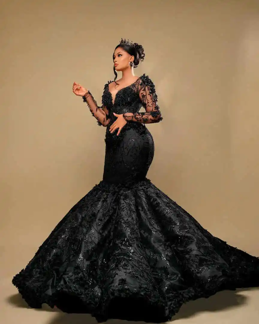 Robes de mariée sirène scintillantes, col en v, avec des Appliques en dentelle et des paillettes perlées, robes de soirée, grande taille, personnalisées