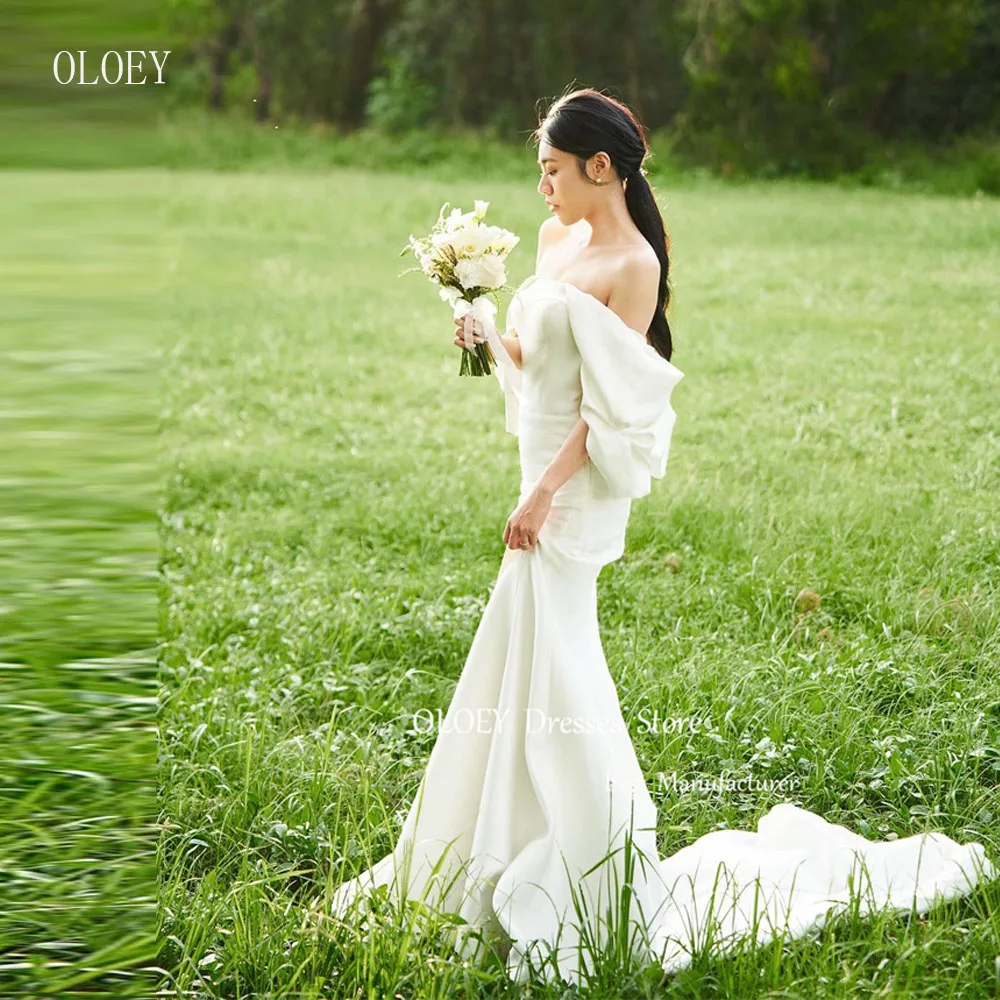 

OLOEY Elegant Off Shoulder Mermaid Wedding Dresses Korea Photoshoot Short Sleeves Sweep Train Bridal Gowns Custom Made