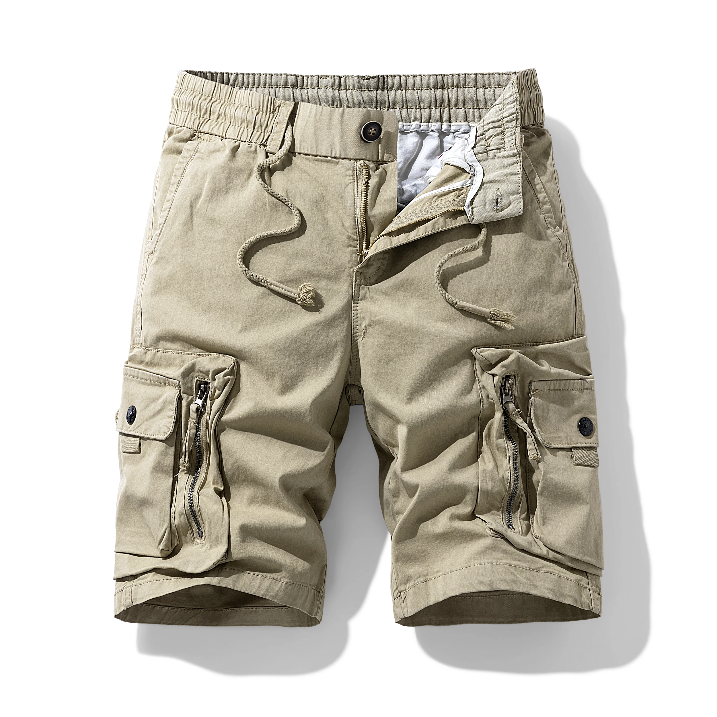 Vintage Men Drawstring Waist Tactical Cargo Shorts Zipper Multi Pockets Loose Fit Outdoor Daily Wear Knee Shorts 9A517