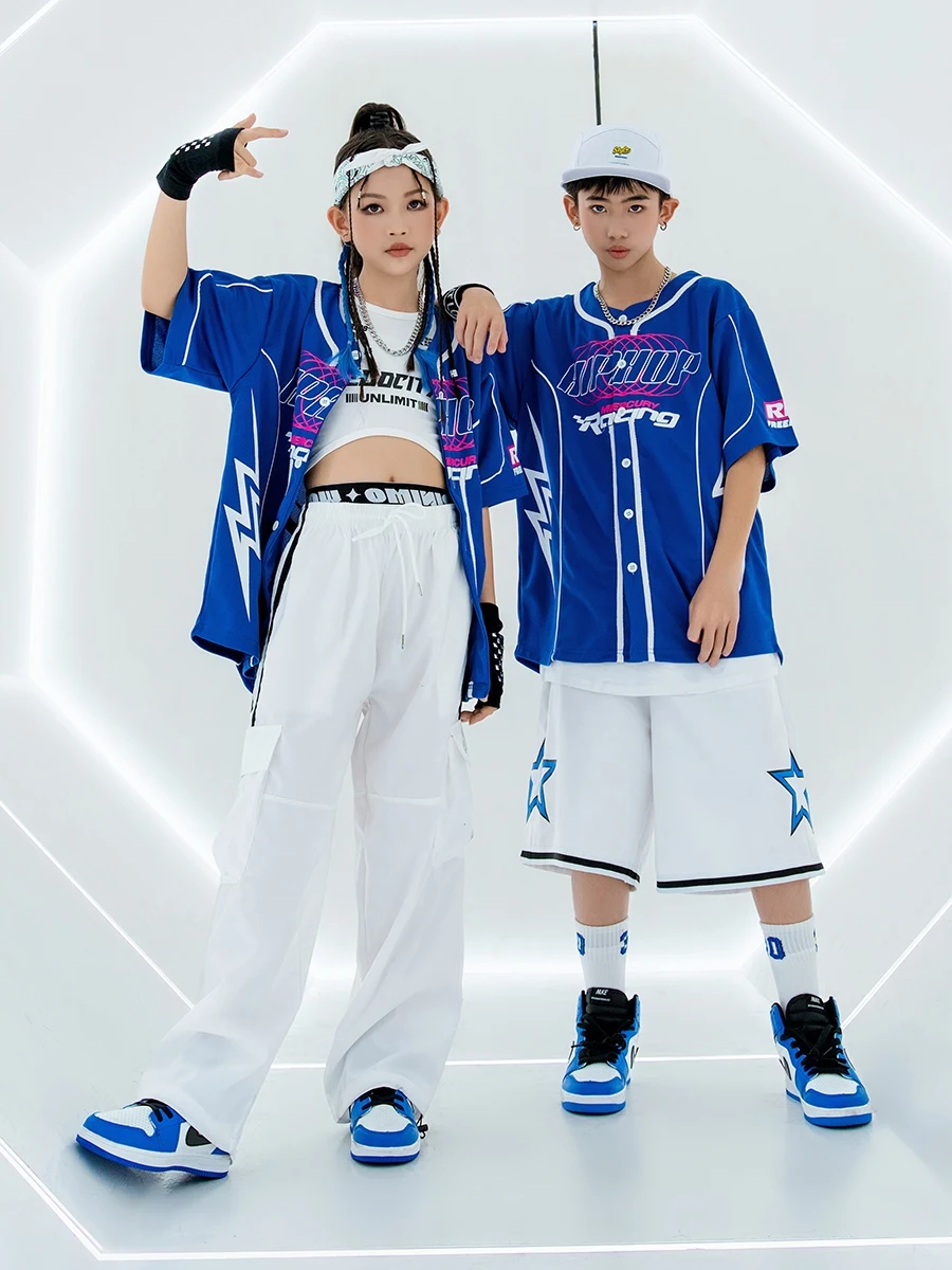 

2024 Ballroom Hip Hop Dance Costumes For Girls Blue Jacket White Pants Suit Boys Jazz Performance Dance Rave Clothes DQS16134