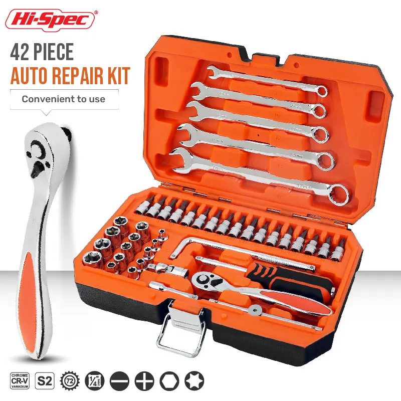 

Hi-Spec Hand Tool Set Car Repair Socket Wrench Set auto tool kit Mechanical Tools Box DIY 1/4" Socket Ratchet Wrench Set