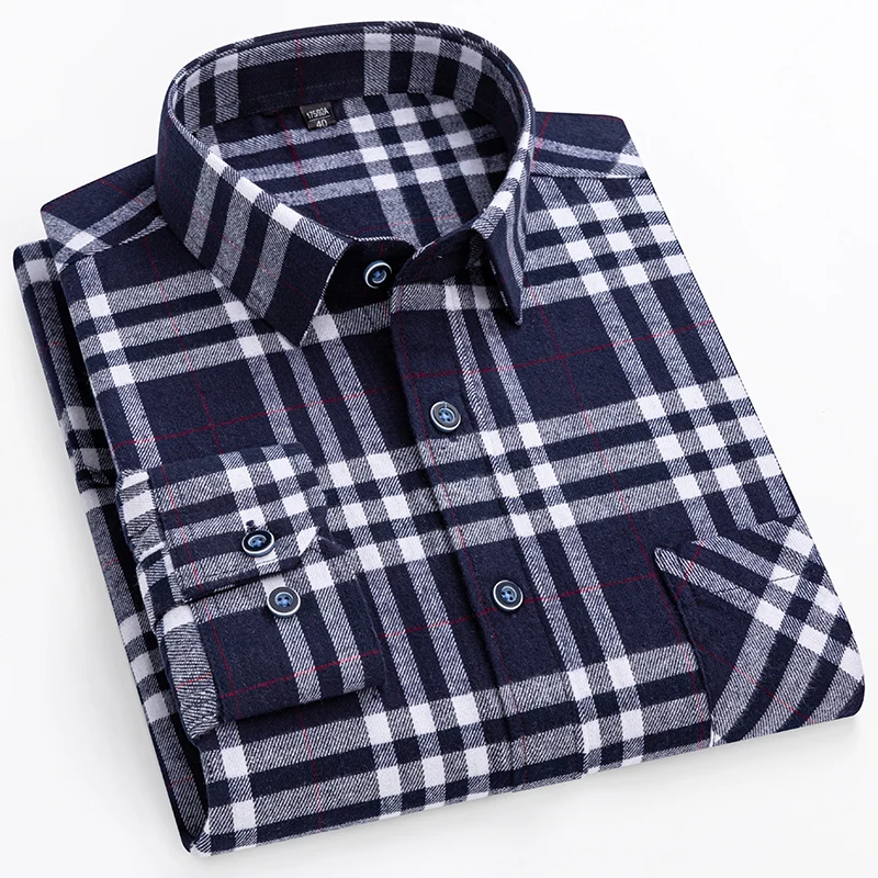 Men's 100% Cotton Flannel Soft Comfort Long Sleeve Shirt Single Pocket Casual Vintage Plaid Shirt Extra Large Size S-11XL