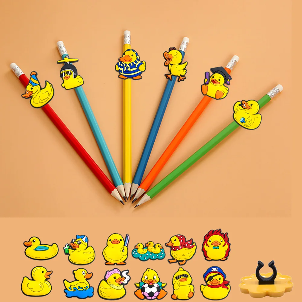Cartoon Yellow Duck PVC Pencil Toppers Detachable Pen Charms Stationery DIY School Pencil Decor Student Accessories Gift