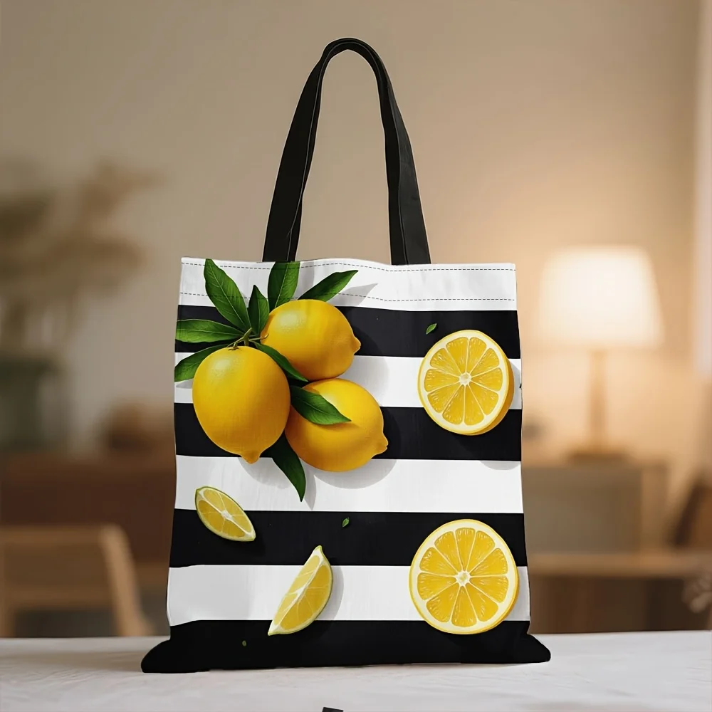 Versatile Refreshing Lemon Print Design Polyester Tote Bag Reusable Grocery Bags, Perfect for Women Vacation Practical Handbags
