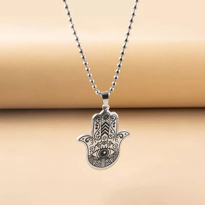 Edelstahl Hamsa Hand Halskette Muslimische Hand der Fatima Anhänger Halsketten Für Frauen Männer Arabisch Amulett Schmuck – Detail 4