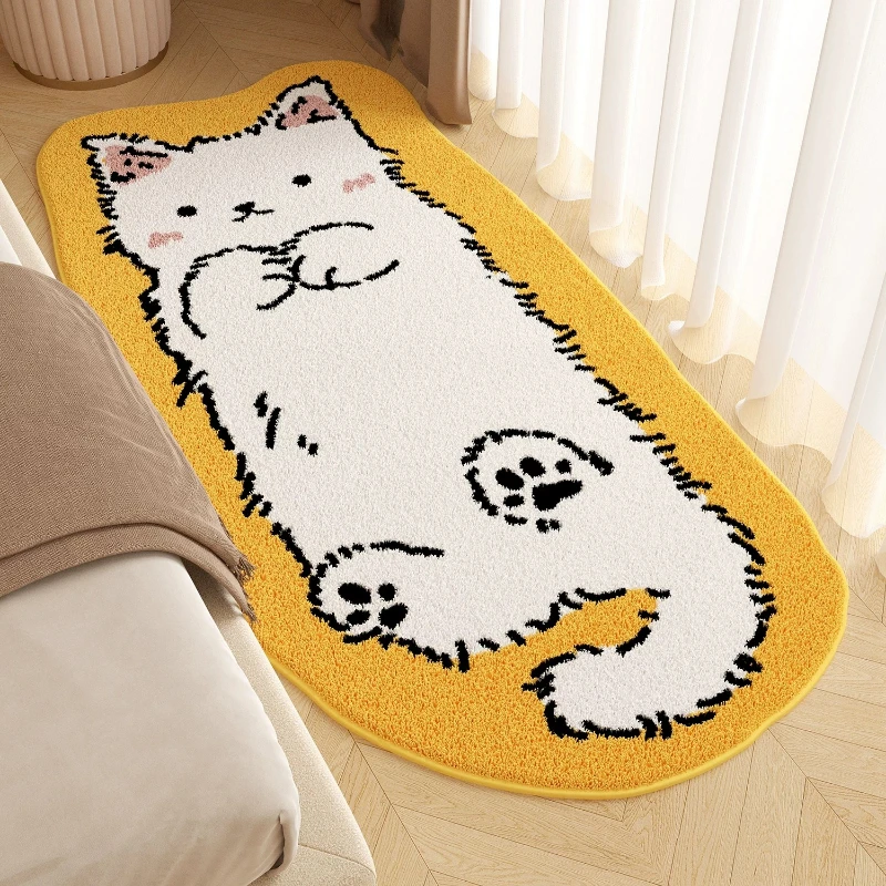 Bedroom Bedside Carpet Soft Fluffy Faux Cashmere Floor Mat Cute Cartoon Animal Cat Print Long Rug Home Decoration Rugs Alfombra