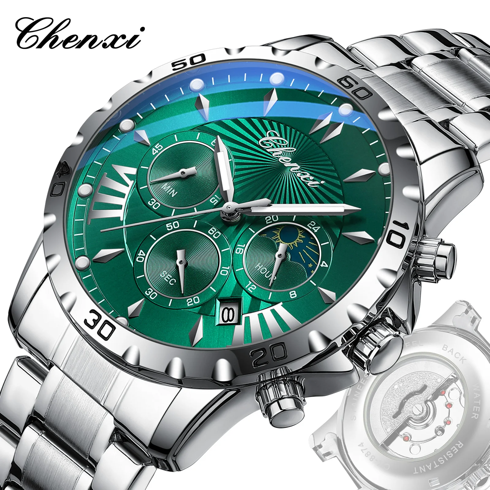 43 mm Large Analog Quartz Men's Watch Chronograph Moon Phase Calendar Watches Fashion Waterproof Business Watch Male CHENXI