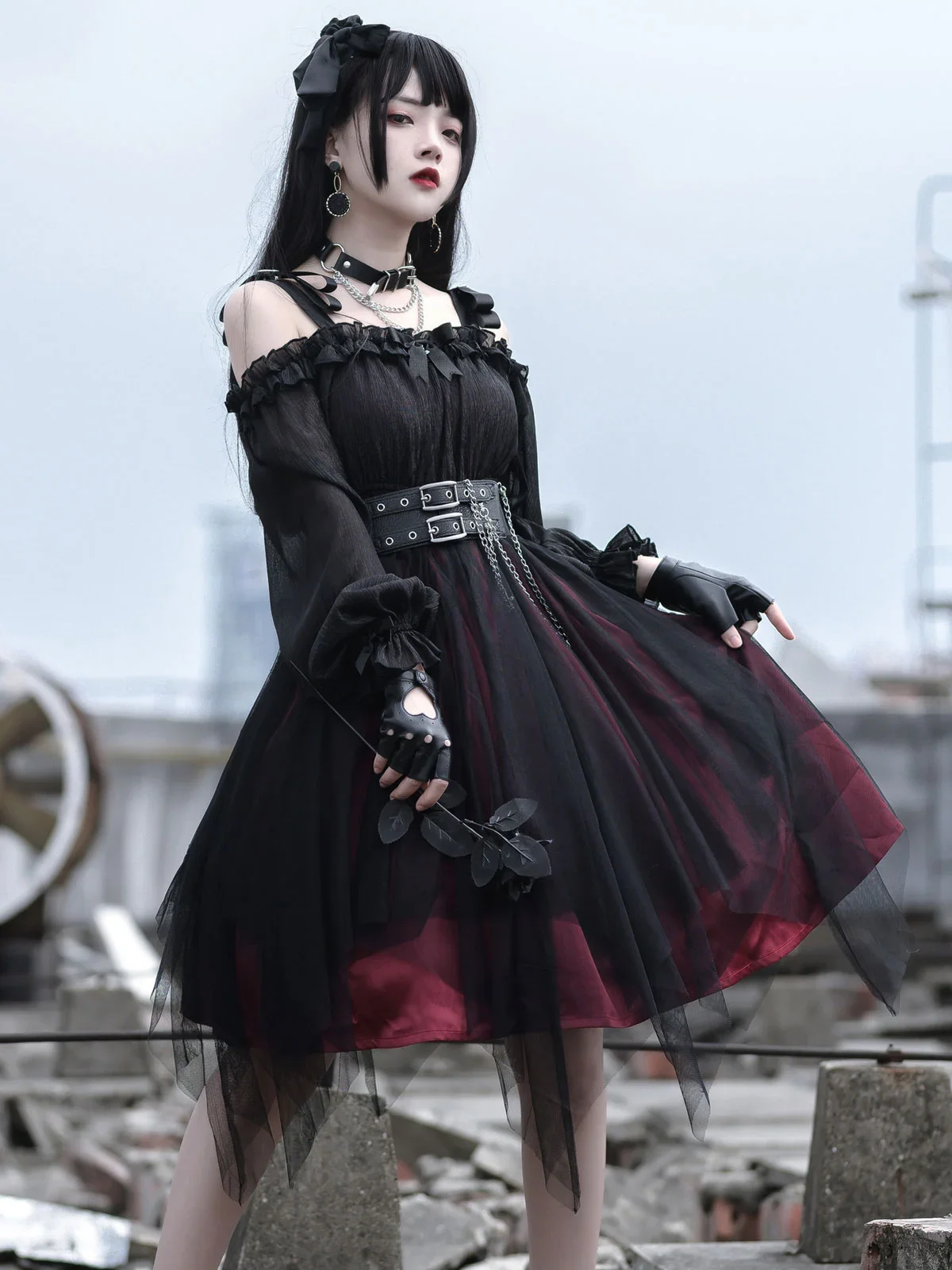 

Gothic Lolita OP Dress Black Burgundy Ruffles Bows Open The Shoulder Long Sleeves Lolita One Piece Dress