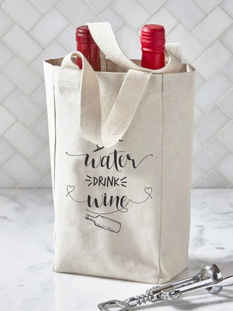 12oz Thick Canvas Double Wine Tote for Dinner, Party Two Drink Bottle Carrier Handle Bags With Divider Custom Accept