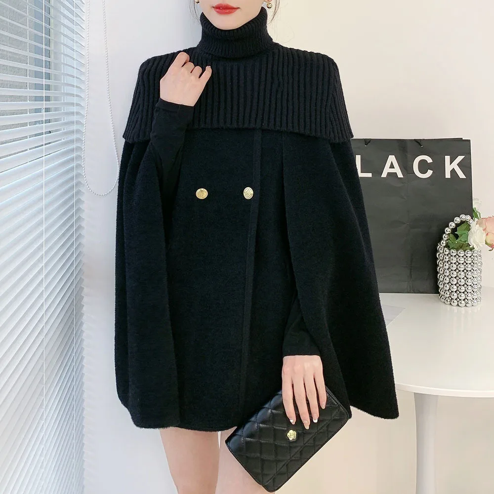 Korean Style Wool Blends Poncho Autumn Winter 2023New French Ladies Cape Cloak Womens Fashion Warps Black Knit Shawl 2 Piece Set