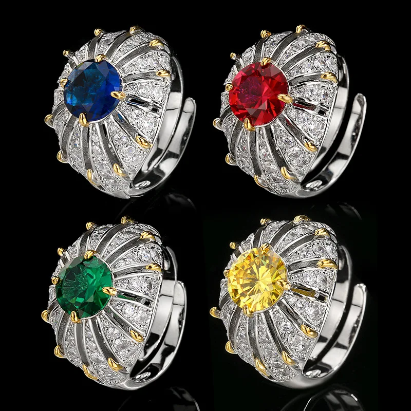 

Adjustable Vintage Cocktail Ring 8mm Round Green Ruby Gem Two Tone Gold Micro Paved CZ Band Elegant Women's Statement Jewelry
