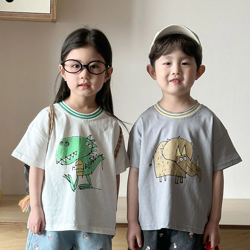 Children's Short Sleeved T-shirt 1-10Y Summer Cotton Girls Tees Cartoon Dinosaur Print Boys' Loose Tops Kid's Clothing