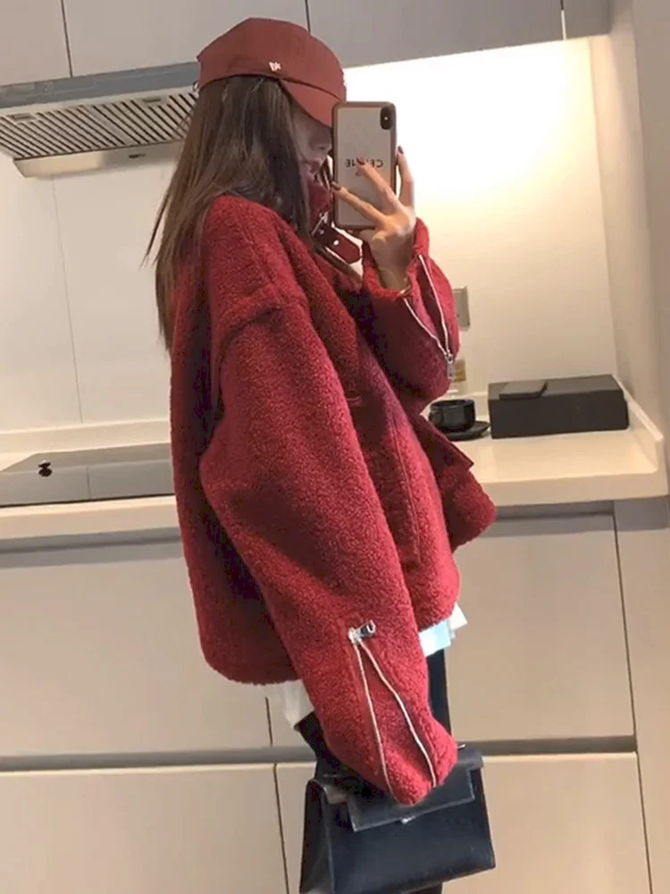 

Модная свободная красная верхняя одежда для женщин, повседневный топ, весна-осень, новый стиль, простой дизайн, элегантная верхняя одежда на Новый год, с длинными рукавами