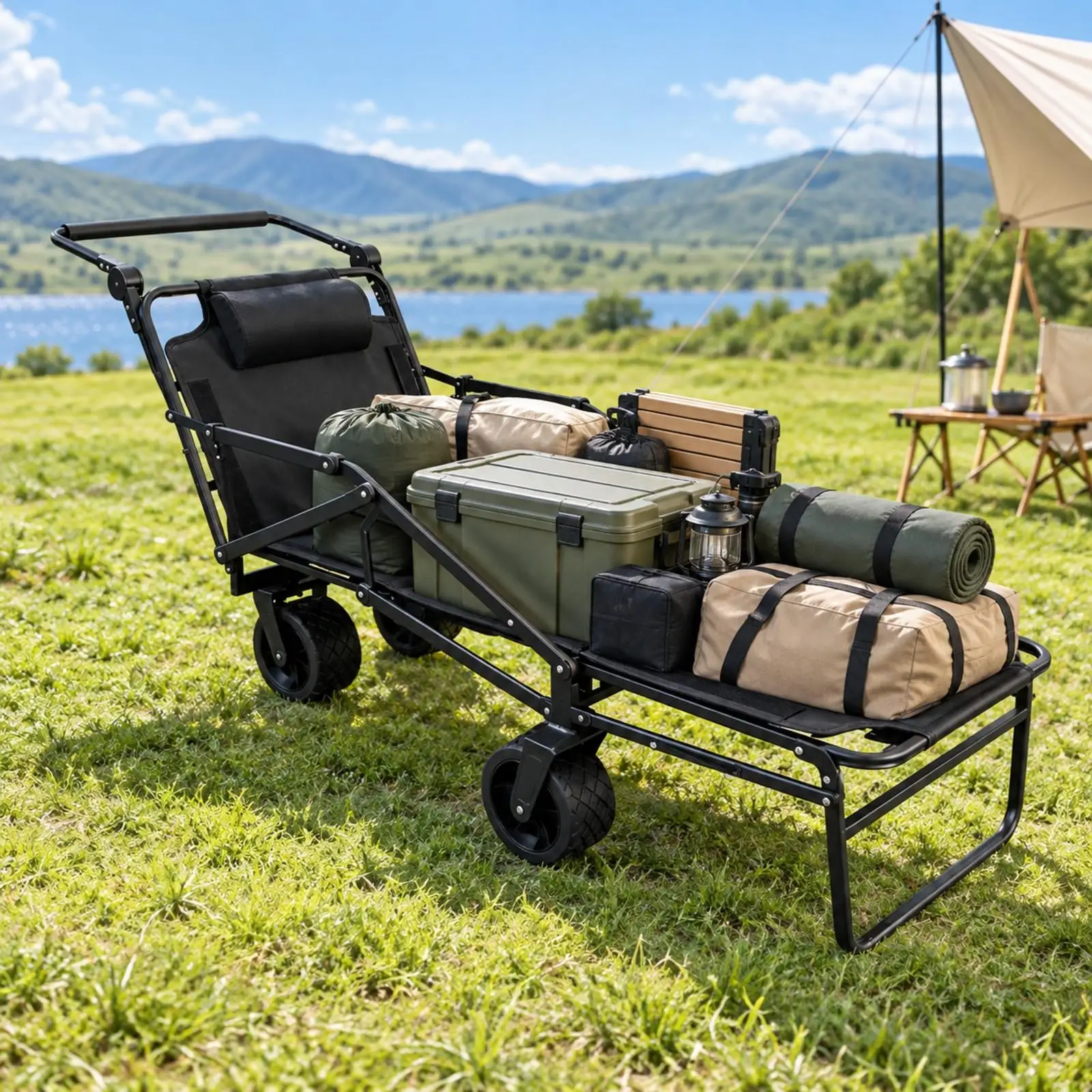 Foldable Outdoor Utility Cart Portable Folding Wagon with Padded Headrest Camping Wagon with Reclining Backrest Multi-Purpose