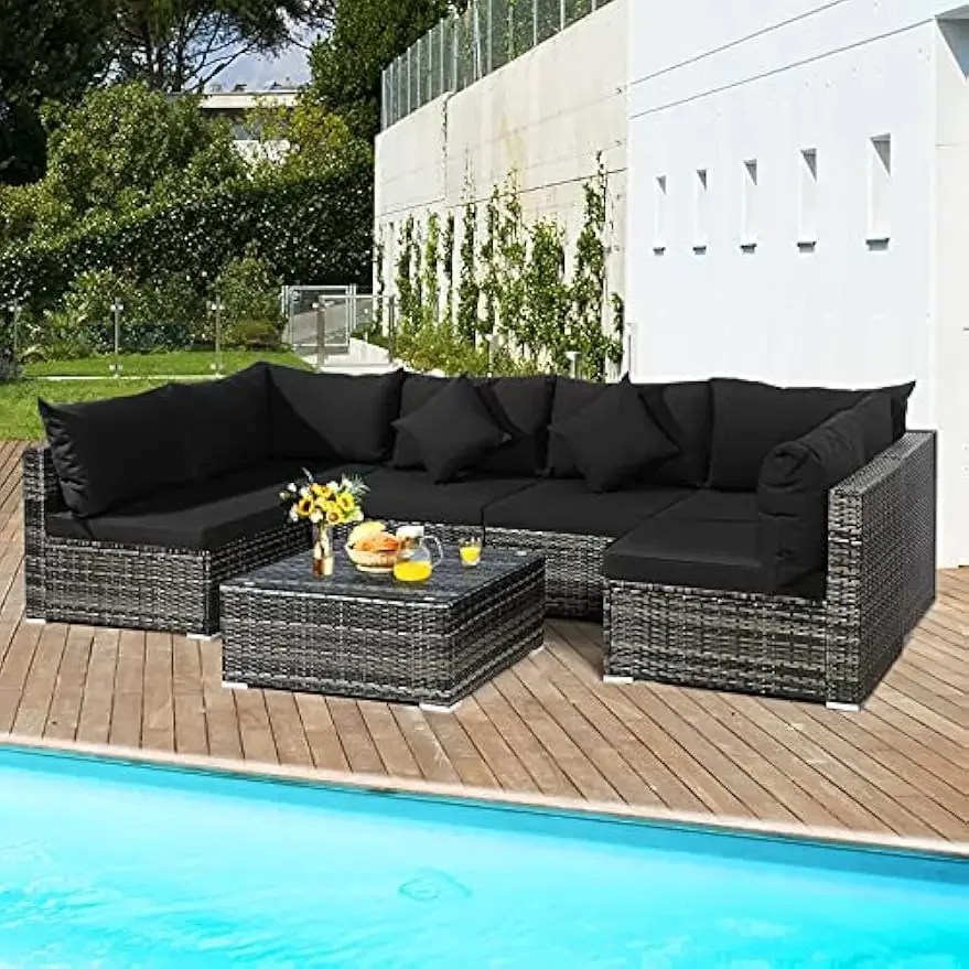 

Patio Furniture Set, Outdoor Sectional PE Rattan Sofa Set with Cushions and Tempered Coffee Table, All-Weather Conversation Set