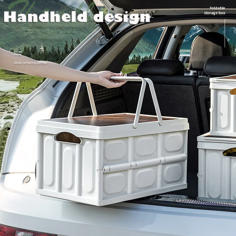 30L/50L Outdoor Camping Folding Storage Box with Wooden Lid Car Trunk Organizer Box Food Storage Container Universal for Travel