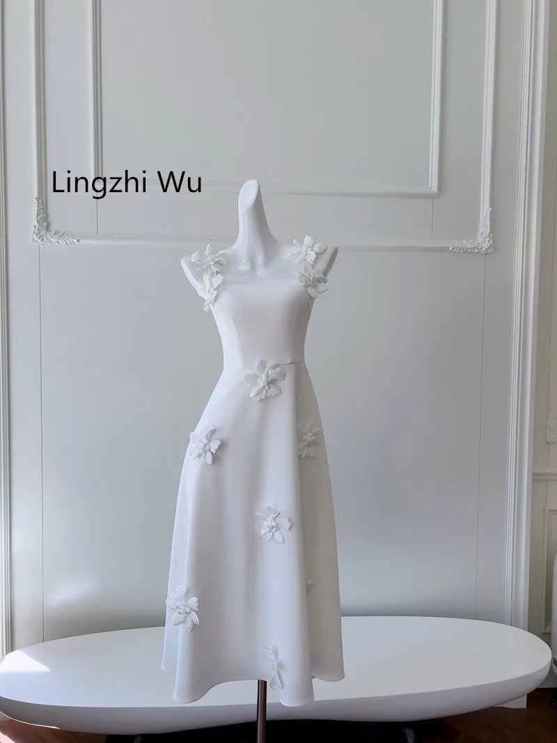 Lingzhi Wu White Dress Flower Spaghetti Strap Ladies Luxury Engagement Formal Vestidos Holiday Three-Dimensional Floral