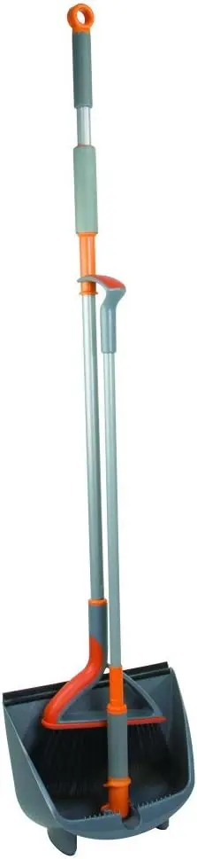

Quick 'n Easy Upright Broom and Dustpan Set, Gray/Orange - Multi-Surface Cleaning Tool for Home, Office, and Compact Spaces