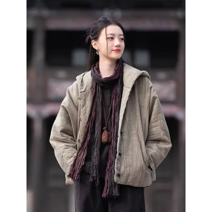 Chaqueta de Lino y Aodón ueso Teñida Corta con Capucha Estilo Chino Retro con Botones Abrigo de Invierno para Mujer Aod...