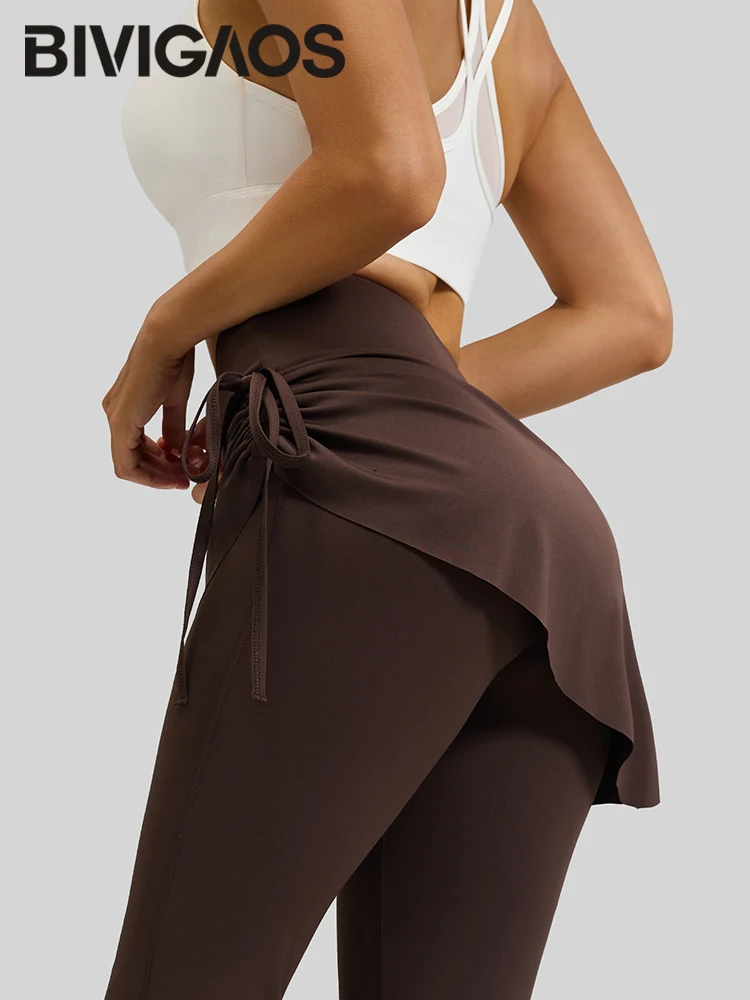 BIVIGAOS nouveau printemps cordon plissé Yoga Leggings jupe pantalon faux deux pièces femmes taille haute élastique sport Fitness Leggings