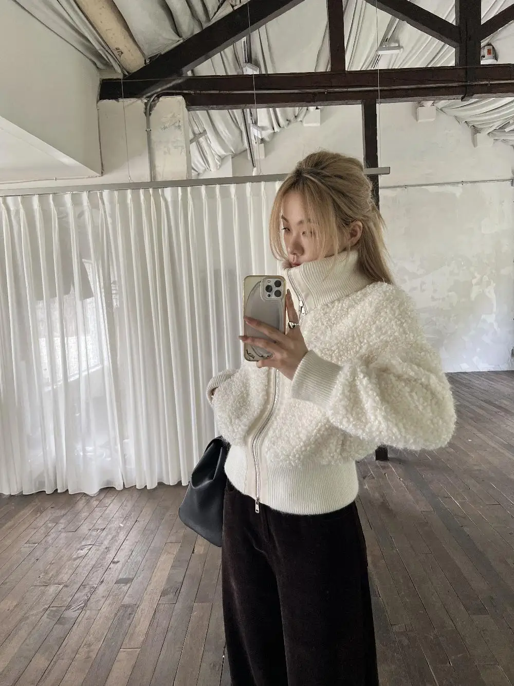 

Mbechic Knitted Patchwork Lamb Fur Jaet Loose ort High Collar Women's Winter Outerwear Thiened Long Sve Zipper Closure