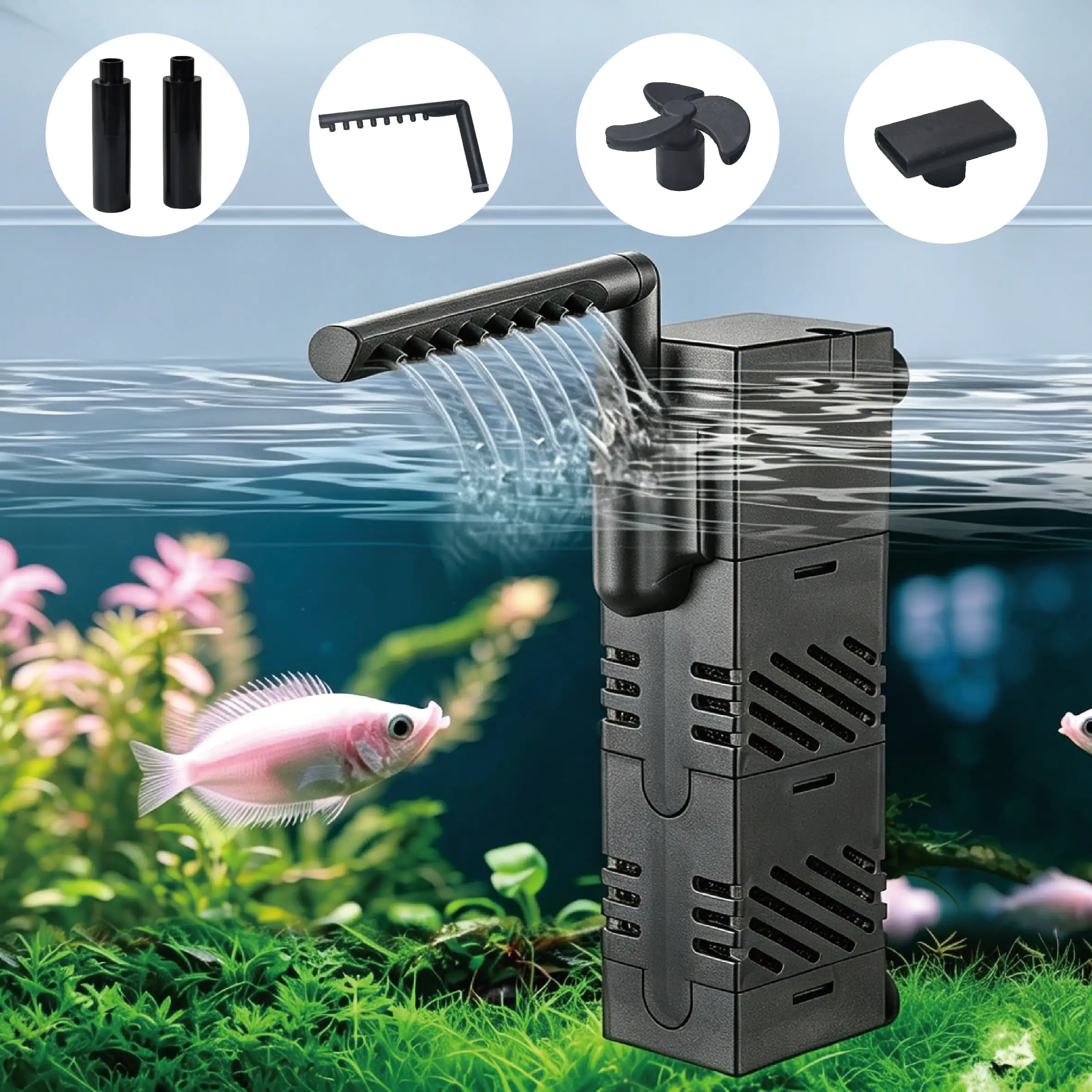 Aquarium Filter 5 in 1 Submersible Fish Tank Filter 5V USB Wave Maker Quiet Filter for 5-15 Gallon Aquarium 2.8W