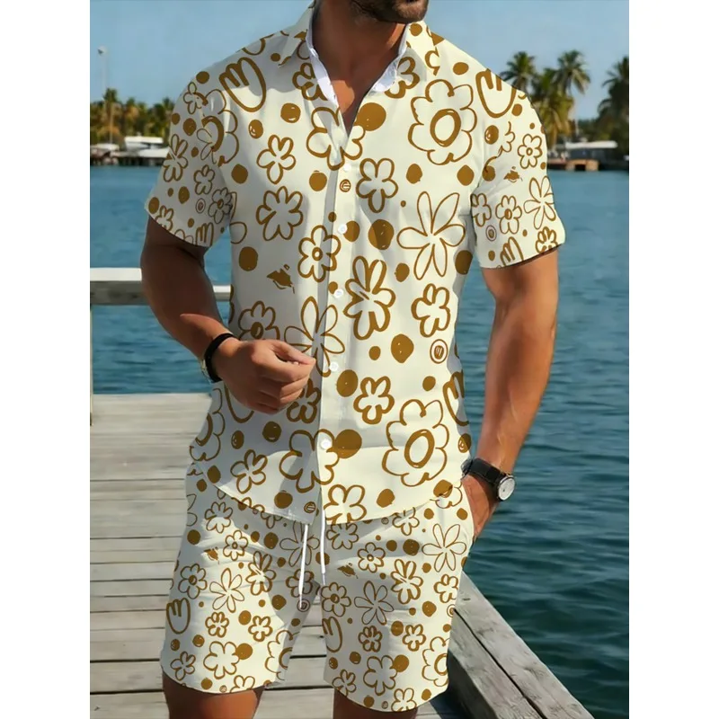 Conjunto de Camisa y Pantalones Cortos de Poliéster para Hombre, Diseño Floral Crema Dorado, Atuendo de Playa de Verano, Ligero, Transpirable, Ropa Casual