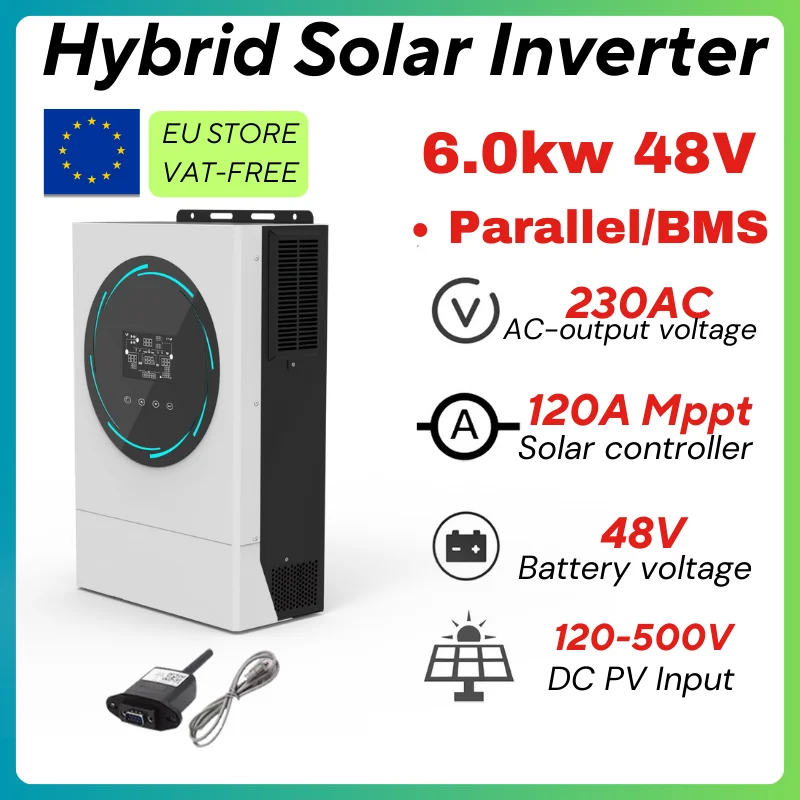 6kW 48V 120A MPPT-Ladegerät mit WLAN, RGB, Parallelfunktion, ohne Batterie, netzunabhängig/netzgekoppelt, LCD-Touchscreen, Hybrid-Solarwechselrichter