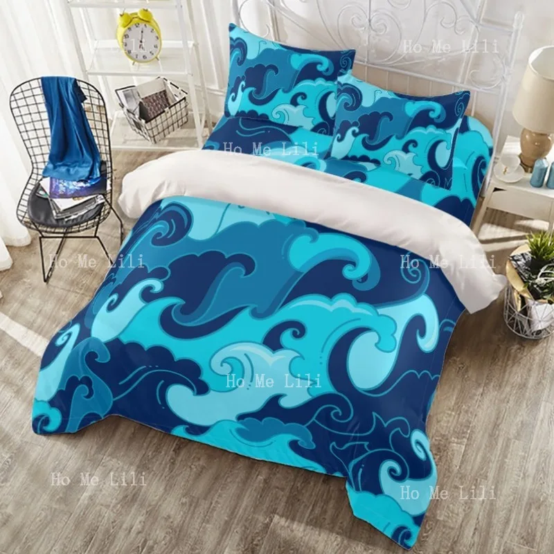 

Ocean Dream Waves Красивая синяя морская кровать Комплект пододеяльников из четырех предметов