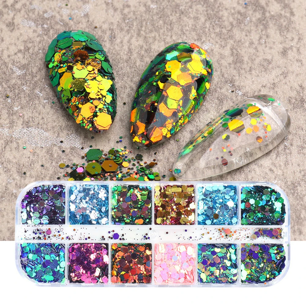 12 Colors Gradient Mermaid Glitter Nail Art Sequins, Personalized 3D Gradient Ripple Scales Ladies DIY Nail Art Decorations