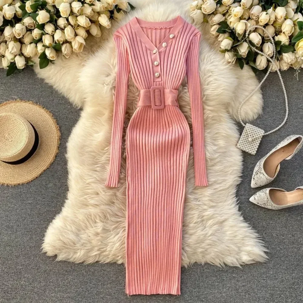 Chic Fashion Sexy Package Hips Rib Knitted Bodycon Dress 2024 Autumn Winter Elegant Peal V-neck Sweater Dress with Belt