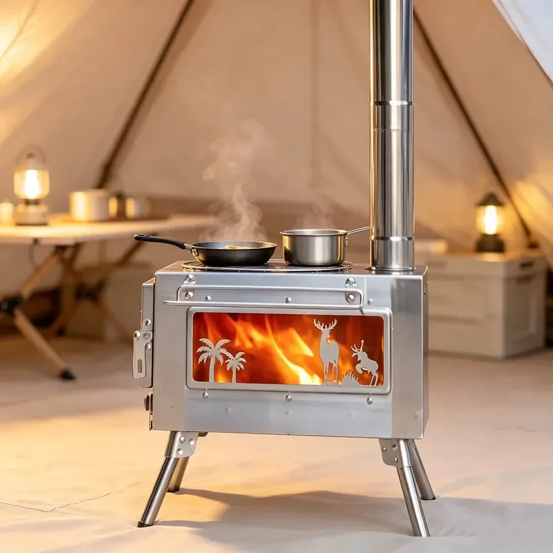 Portable Stainless Steel Wood Burning Stove for Tent Camping Outdoor Heating with Double Glazed Window Foldable Design
