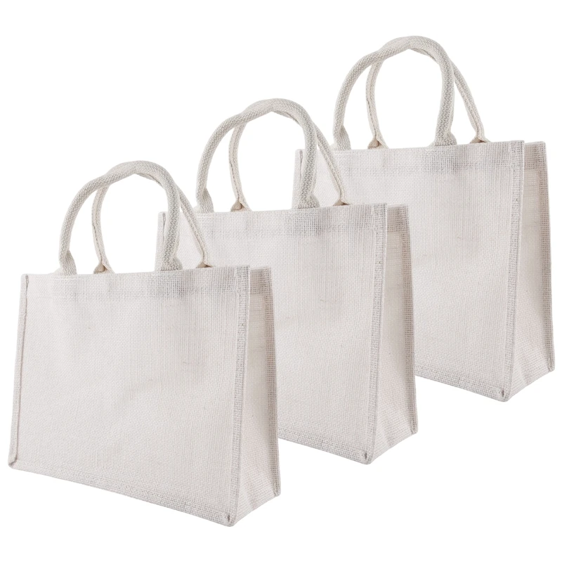 3Pcs White Burlap Tote,Jute Tote Bags With Handles & Laminated Interior,Wedding Bridesmaid Gift Bag,Reusable Grocery Bag