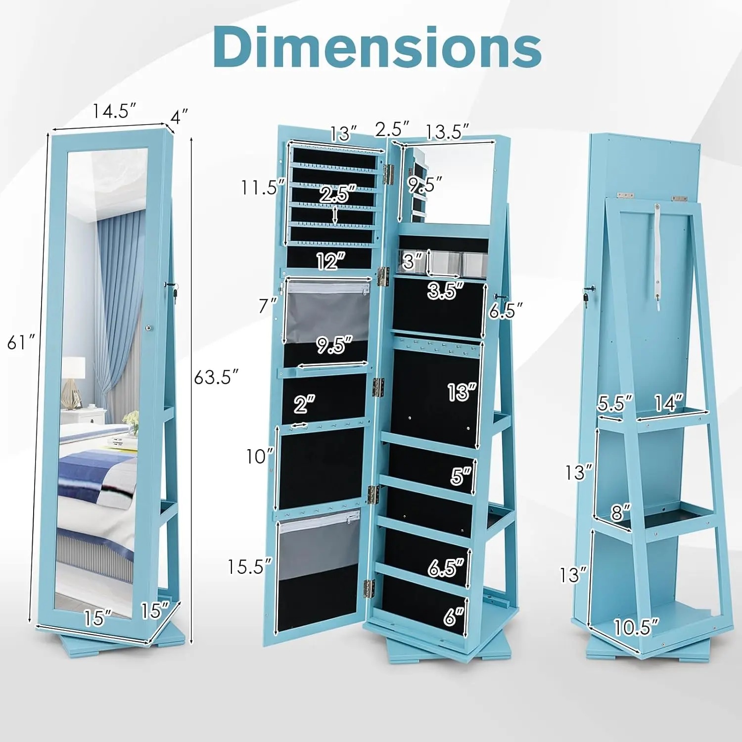 خزانة مجوهرات دوارة 360 درجة، منظم مجوهرات قائم مع مرآة كاملة الطول ومساحة تخزين كبيرة، مرآة يهودية قابلة للقفل #6