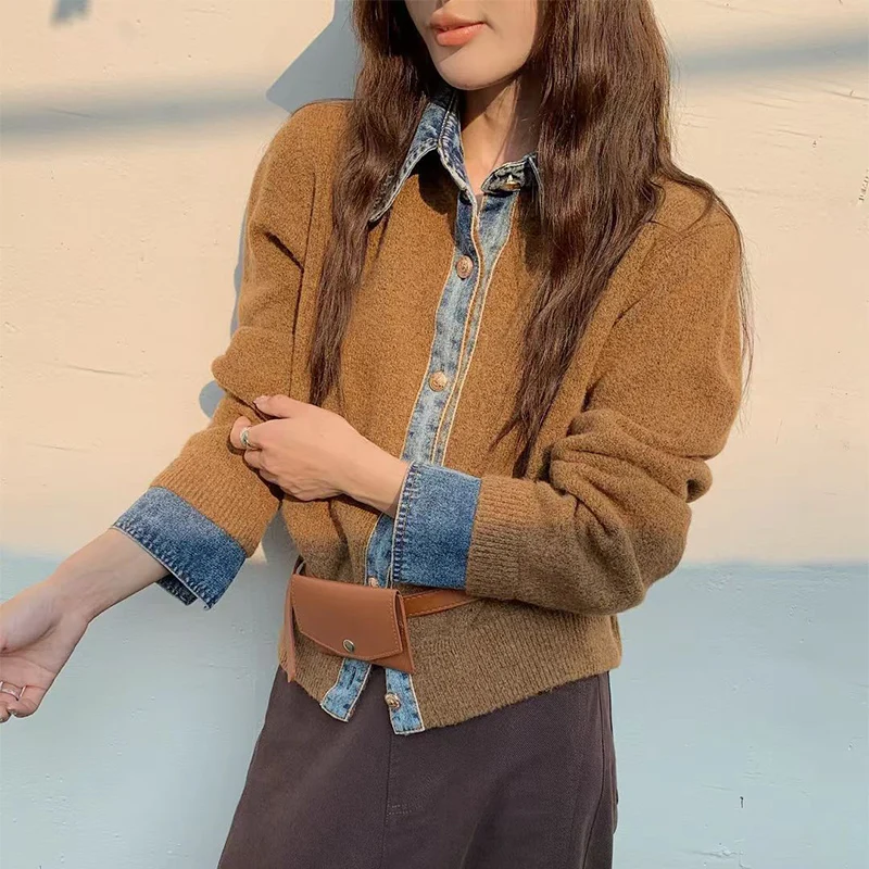 

New Vintage Denim Patchwork Lapel Sweater Jacket Women Korean Chic Loose Knitted Cardigan Spring Autumn Knitted Sweater Coat